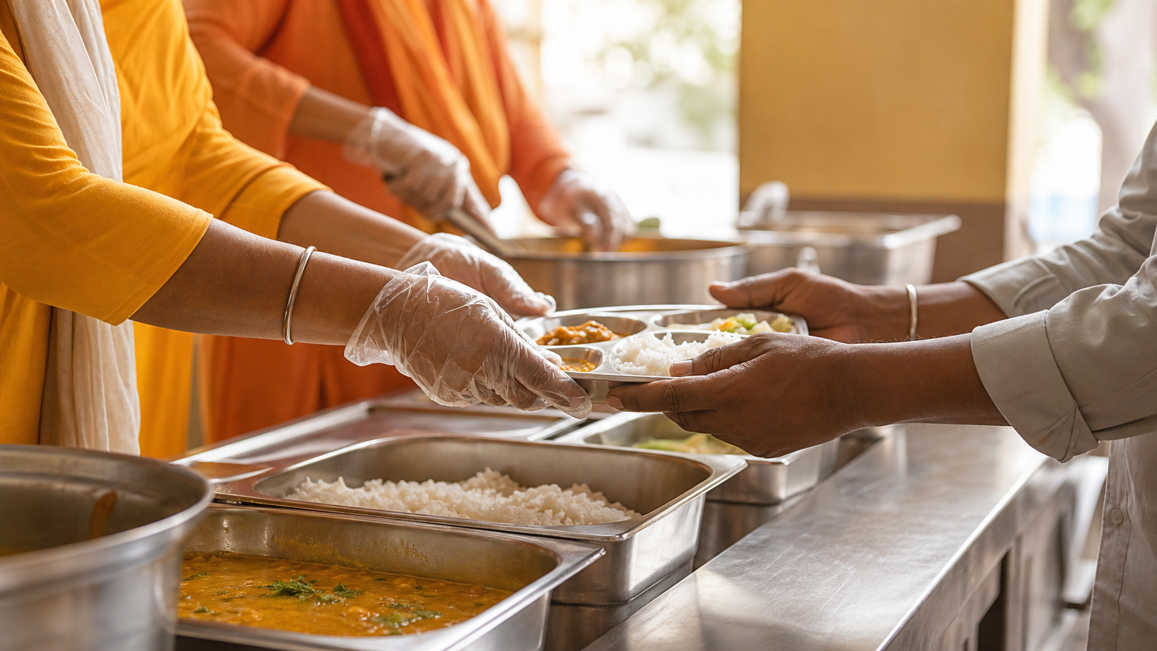 Warm community kitchen serving dignified meals